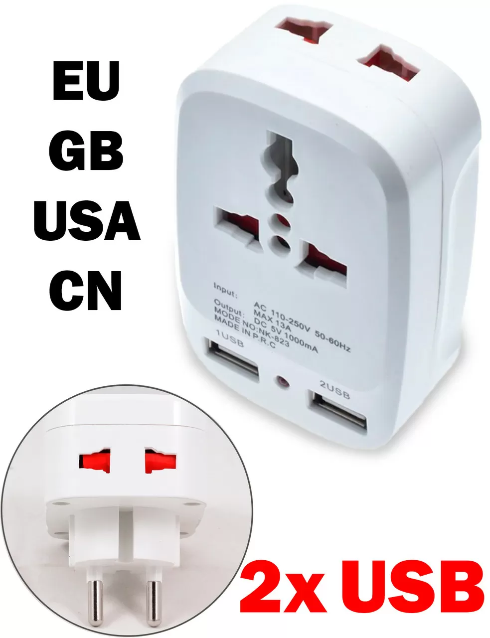 Адаптер перехідник Універсальний TRENDWILL Білий 2 usb порту дорожній туристичний у розетку Мережевий (95938691)
