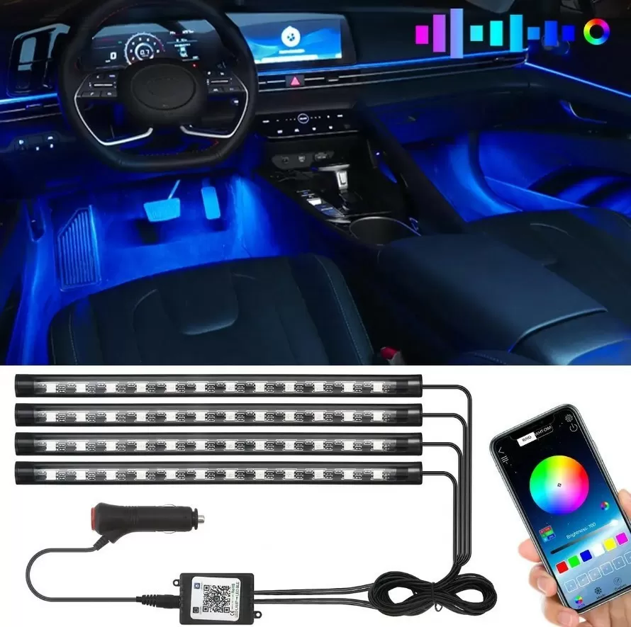 Автомобильная RGB подсветка Bluetooth в салон автомобиля с микрофоном для ковриков + светомузыка управление с (98492220)