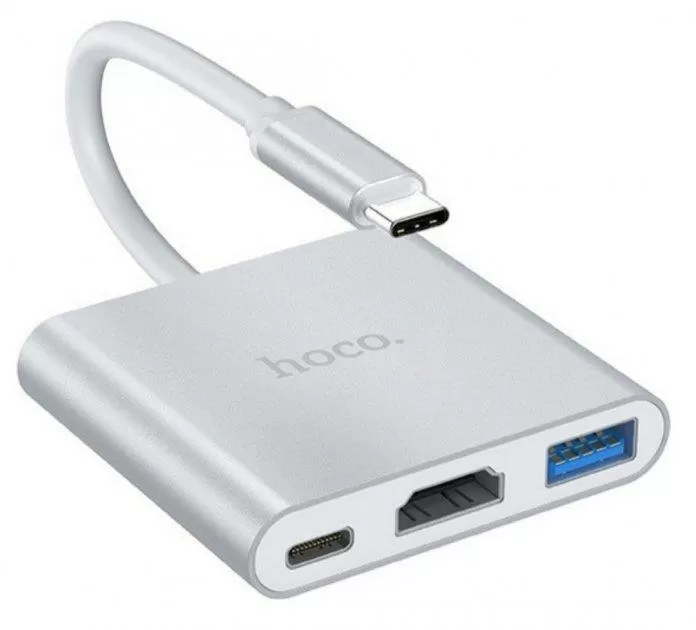 Hub адаптер Hoco HB14 Easy Show Type-C to USB3.0/HDMI/Type-C PD Silver (531697) (88605180)