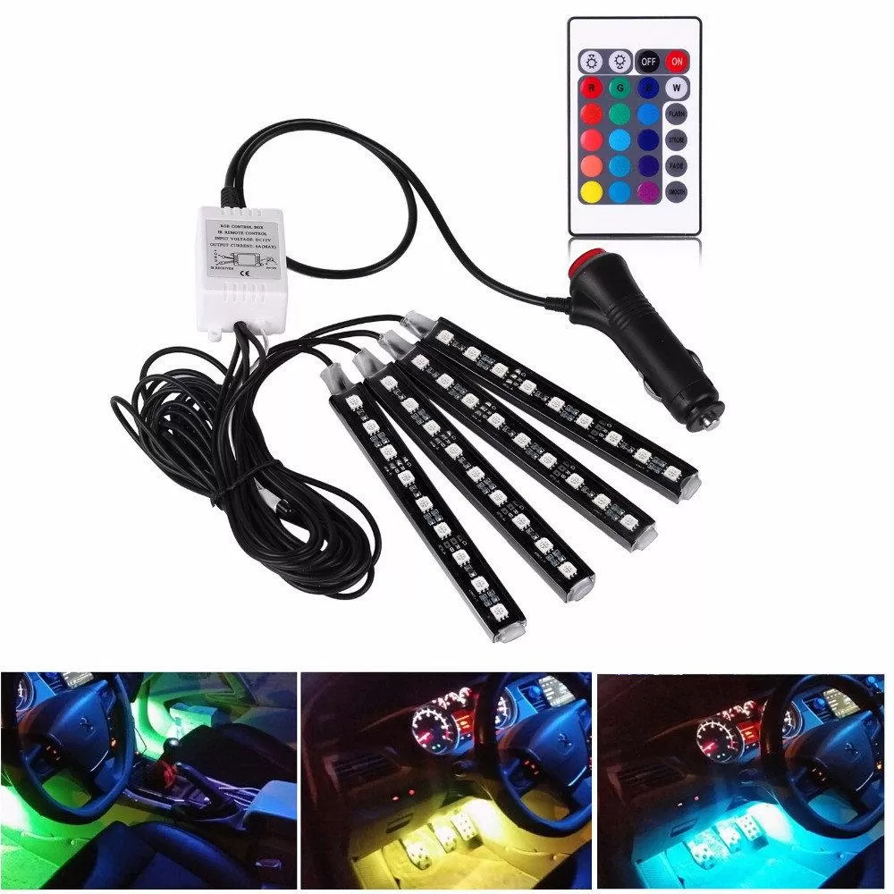 Автомобільна світлодіодна RGB LED-підсвітка в салон на 4 стрічки від прикурювача з пультом Водонепроникна (72871300)